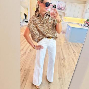 Ženska bluza s leopard uzorkom, kratki rukav, ovratnik, regular fit, 95% poliester