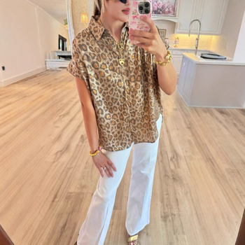 Ženska bluza s leopard uzorkom, kratki rukav, ovratnik, regular fit, 95% poliester