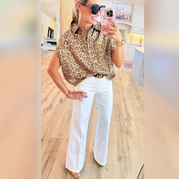 Ženska bluza s leopard uzorkom, kratki rukav, ovratnik, regular fit, 95% poliester