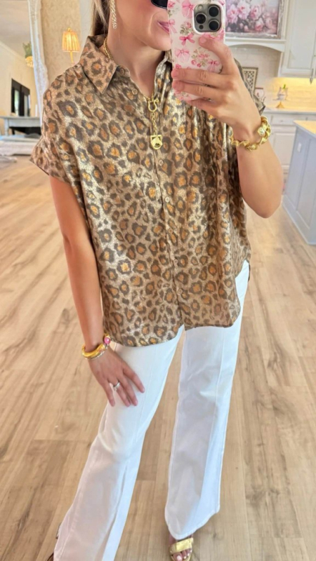 Ženska bluza s leopard uzorkom, kratki rukav, ovratnik, regular fit, 95% poliester