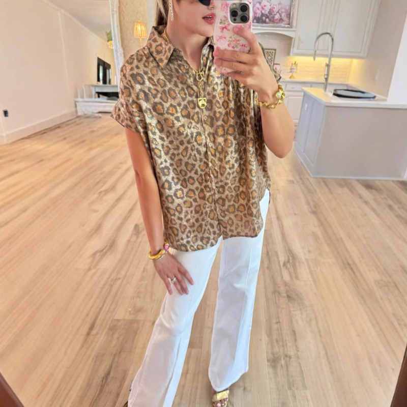 Ženska bluza s leopard uzorkom, kratki rukav, ovratnik, regular fit, 95% poliester