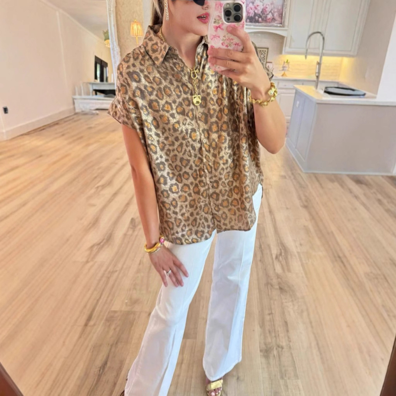 Ženska bluza s leopard uzorkom, kratki rukav, ovratnik, regular fit, 95% poliester