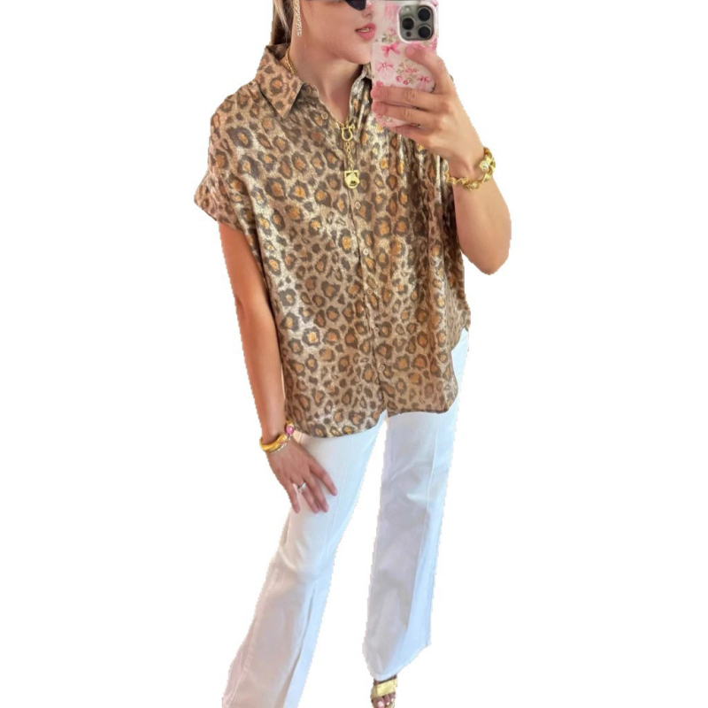 Ženska bluza s leopard uzorkom, kratki rukav, ovratnik, regular fit, 95% poliester