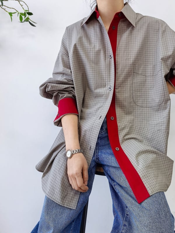 Pamučna karirana bluza s polo ovratnikom, široki kroj, srednja duljina, patchwork detalji