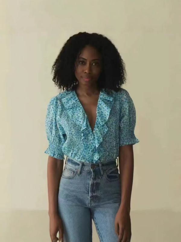 Ženski pamukasti top s floralnim uzorkom, balon rukavima, V-izrez, udoban slobodan kroj