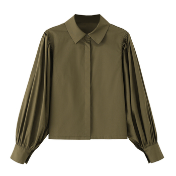 Ženska pamučna bluza s polo ovratnikom, balon rukavima, slobodan kroj, regularna duljina, 100% pamuk