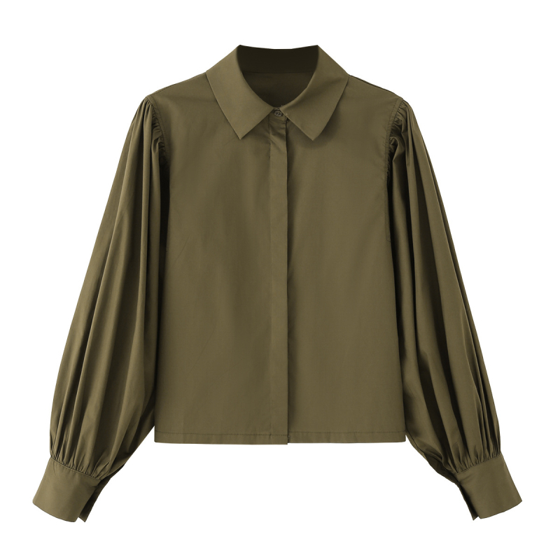 Ženska pamučna bluza s polo ovratnikom, balon rukavima, slobodan kroj, regularna duljina, 100% pamuk
