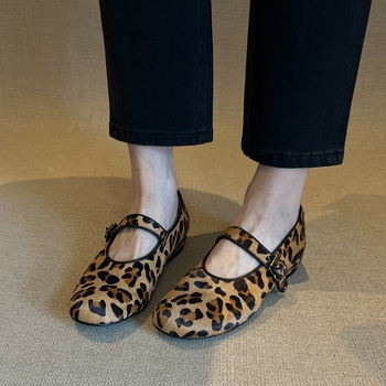 Mary Jane cipele za žene, leopard uzorak, okrugli vrh, krzno na gornjem dijelu, ravne pete