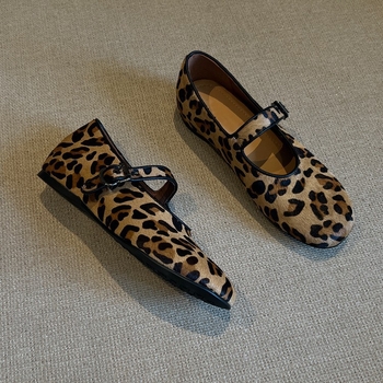 Mary Jane cipele za žene, leopard uzorak, okrugli vrh, krzno na gornjem dijelu, ravne pete