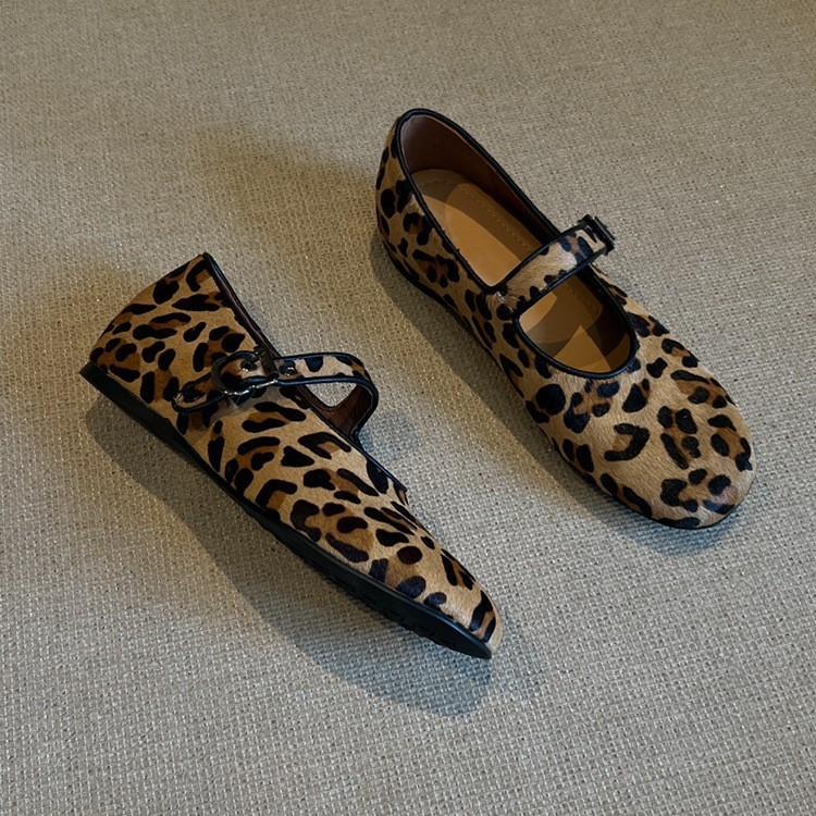 Mary Jane cipele za žene, leopard uzorak, okrugli vrh, krzno na gornjem dijelu, ravne pete