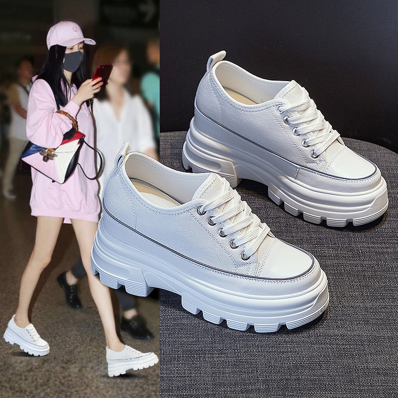Platforme cipele s okruglim vrhom, denim gornji dio, muffin potpetica 6–8 cm, vezivanje šnouricama