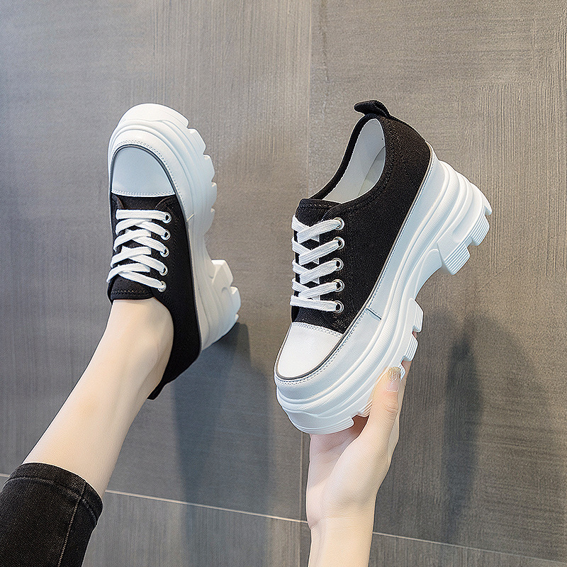 Platforme cipele s okruglim vrhom, denim gornji dio, muffin potpetica 6–8 cm, vezivanje šnouricama