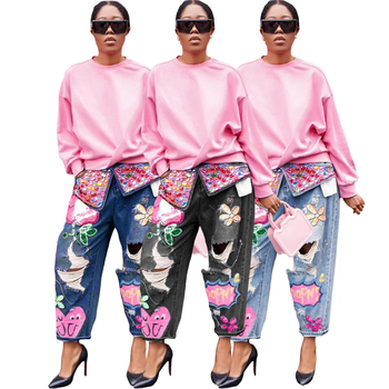 Odie jeanși din denim cu imprimeu, talie medie, croială dreaptă, denim stretch (30–50% poliester, 70–80% spandex), Primăvara 2024