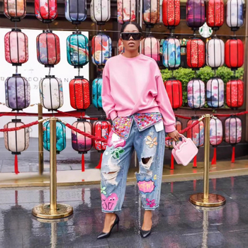 Odie jeanși din denim cu imprimeu, talie medie, croială dreaptă, denim stretch (30–50% poliester, 70–80% spandex), Primăvara 2024