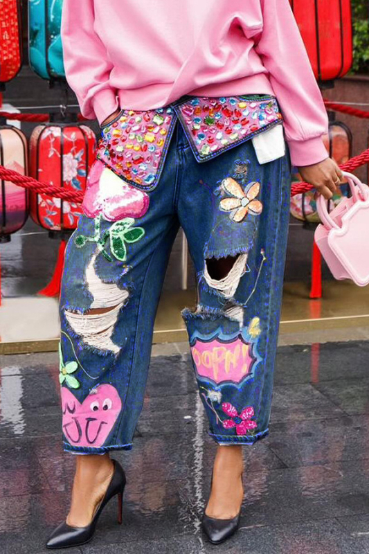 Odie jeanși din denim cu imprimeu, talie medie, croială dreaptă, denim stretch (30–50% poliester, 70–80% spandex), Primăvara 2024