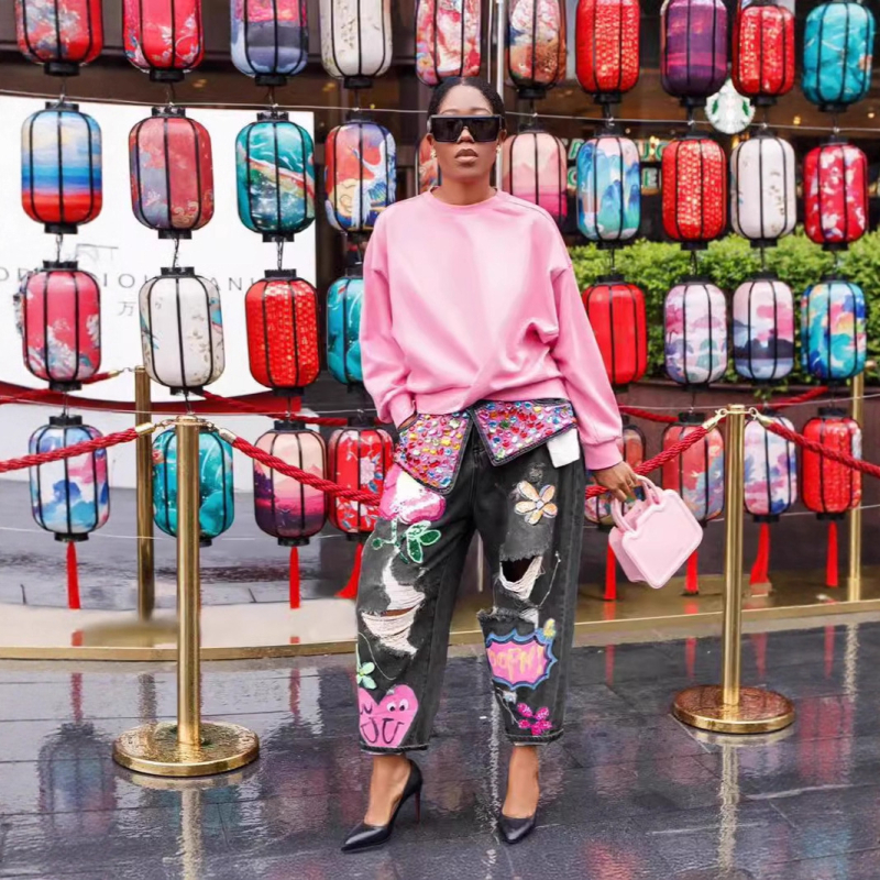 Odie jeanși din denim cu imprimeu, talie medie, croială dreaptă, denim stretch (30–50% poliester, 70–80% spandex), Primăvara 2024