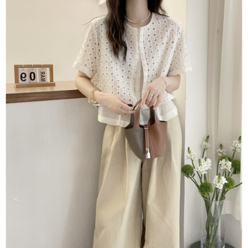 Cămașă de damă din bumbac, stil urban, set fals din două părți, dantelă perforată, mâneci scurte, croială regulată