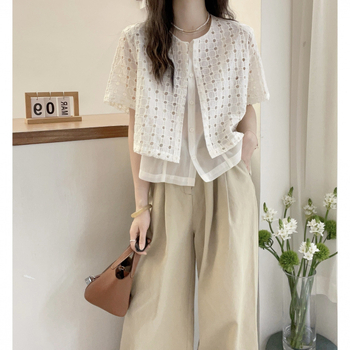 Cămașă de damă din bumbac, stil urban, set fals din două părți, dantelă perforată, mâneci scurte, croială regulată