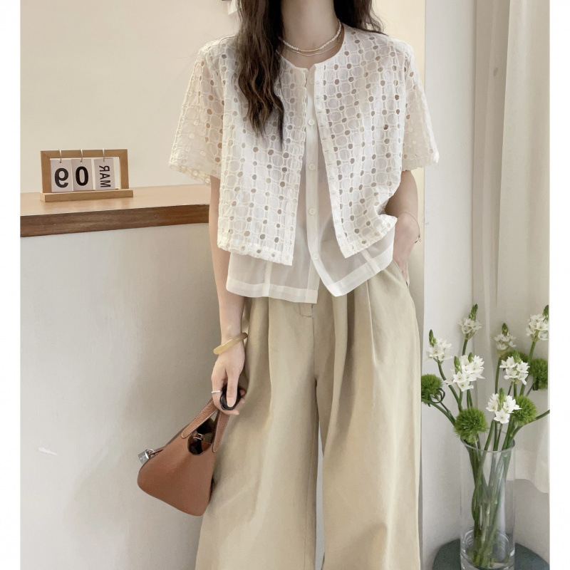 Cămașă de damă din bumbac, stil urban, set fals din două părți, dantelă perforată, mâneci scurte, croială regulată