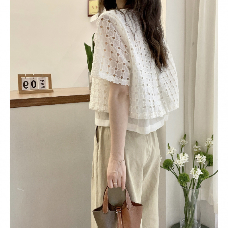 Cămașă de damă din bumbac, stil urban, set fals din două părți, dantelă perforată, mâneci scurte, croială regulată