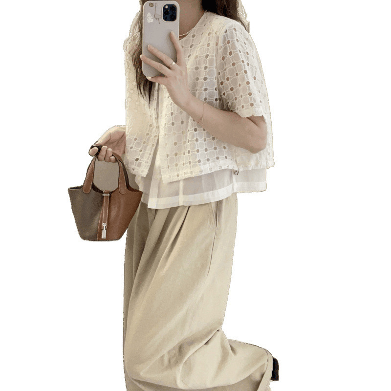 Cămașă de damă din bumbac, stil urban, set fals din două părți, dantelă perforată, mâneci scurte, croială regulată