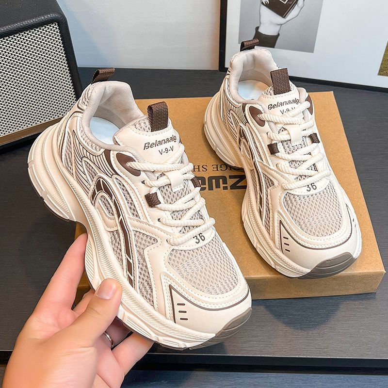 Pantofi dad shoes cu talpă groasă, din material textil, talpă din cauciuc, șireturi, respirabili (Peste textil, Talpă din cauciuc, Talpă groasă, Șireturi)