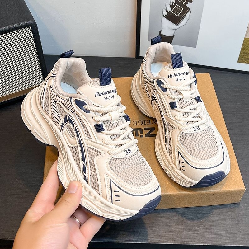 Pantofi dad shoes cu talpă groasă, din material textil, talpă din cauciuc, șireturi, respirabili (Peste textil, Talpă din cauciuc, Talpă groasă, Șireturi)