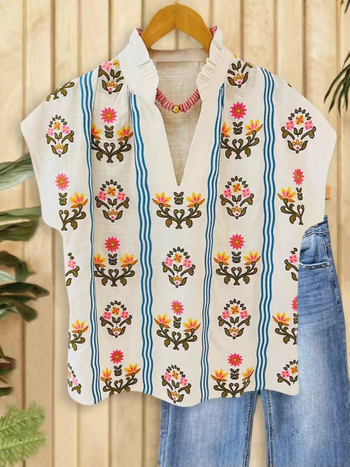 Cămașă de damă cu decolteu în V, mâneci bat, imprimeu floral 3D, material poliester-cotton, lungime medie