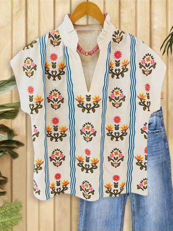 Cămașă de damă cu decolteu în V, mâneci bat, imprimeu floral 3D, material poliester-cotton, lungime medie