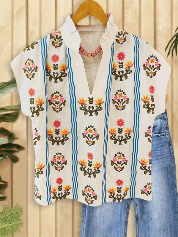 Cămașă de damă cu decolteu în V, mâneci bat, imprimeu floral 3D, material poliester-cotton, lungime medie