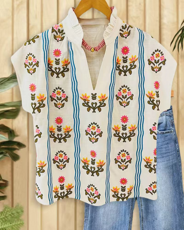 Cămașă de damă cu decolteu în V, mâneci bat, imprimeu floral 3D, material poliester-cotton, lungime medie