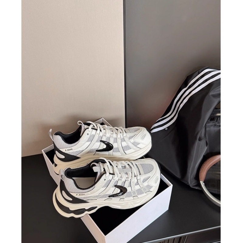 Szellőző hálós felsőrészű női cipő, magasságot növelő Dad Shoes, fűzős, 3–5 cm sarok, PU talp