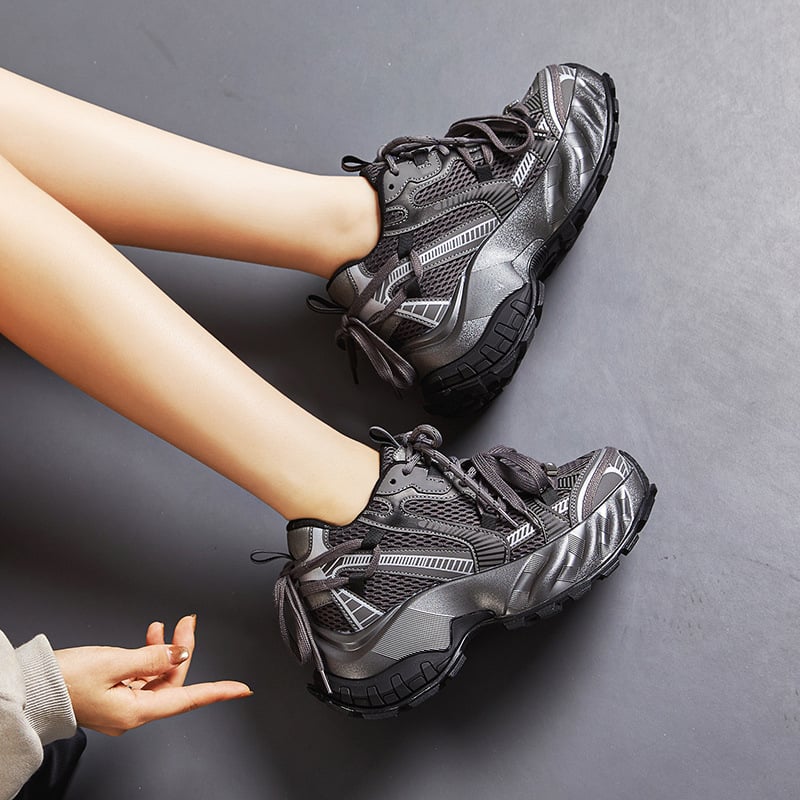 Ženske cipele tip dad shoes s debelom potplata, povećanje visine, prednje vezanje, mrežasti gornji dio, okrugli vrh