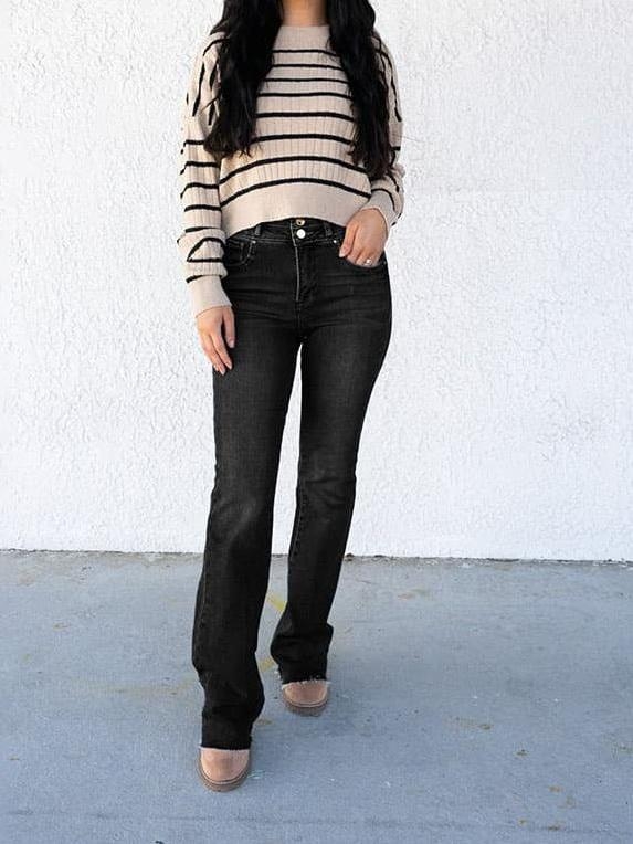 Jeans din denim, cu elastice înaltă, croială dreptă, talie înaltă, vopsire tie-dye, denim din bumbac 50–70% și <30% poliester