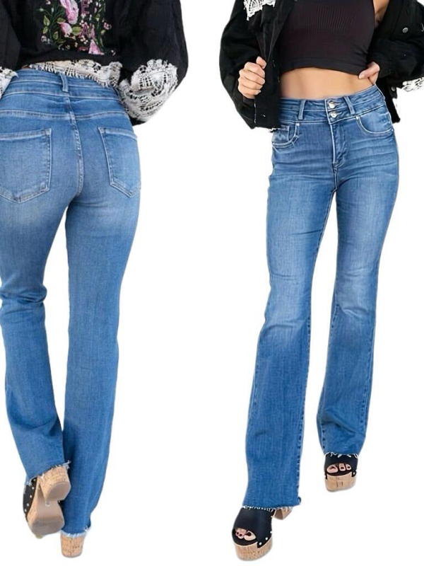 Jeans din denim, cu elastice înaltă, croială dreptă, talie înaltă, vopsire tie-dye, denim din bumbac 50–70% și <30% poliester