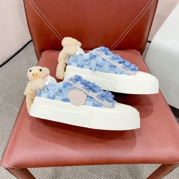 Ženske loafers s denim gornjim dijelom, okrugli vrh, niski pet 1–3 cm, prugasti uzorak, s vezicama