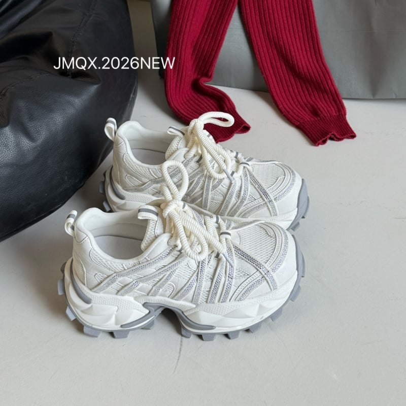 Ženske chunky dad shoes s gornjim dijelom od PU i mreže, zaobljeni vrh, vezanje, srednja visina pete 3–5 cm, đon od pjene od gume