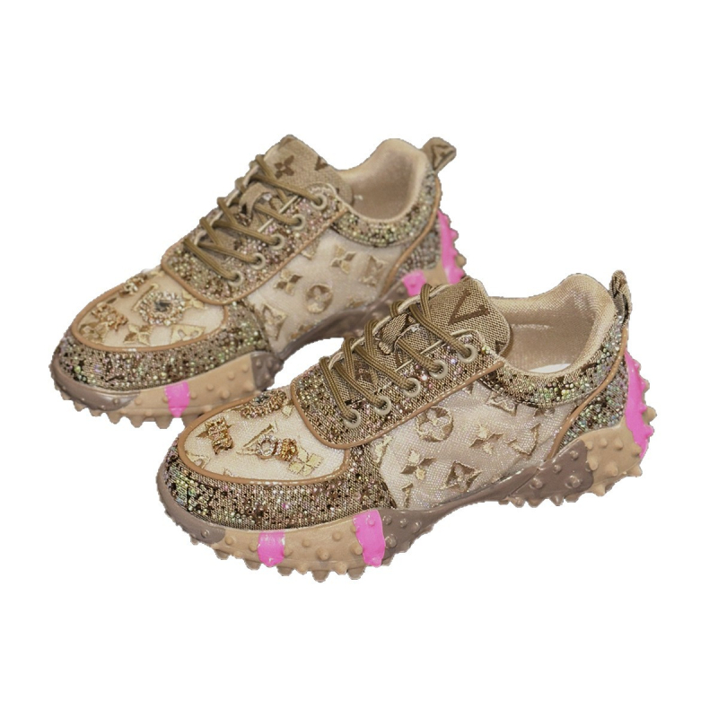 Pantofi sport pentru femei tip dad shoes, partea superioară din plasă, imprimeu cu litere, talpă din cauciuc, toc wedge 3–5 cm, șireturi