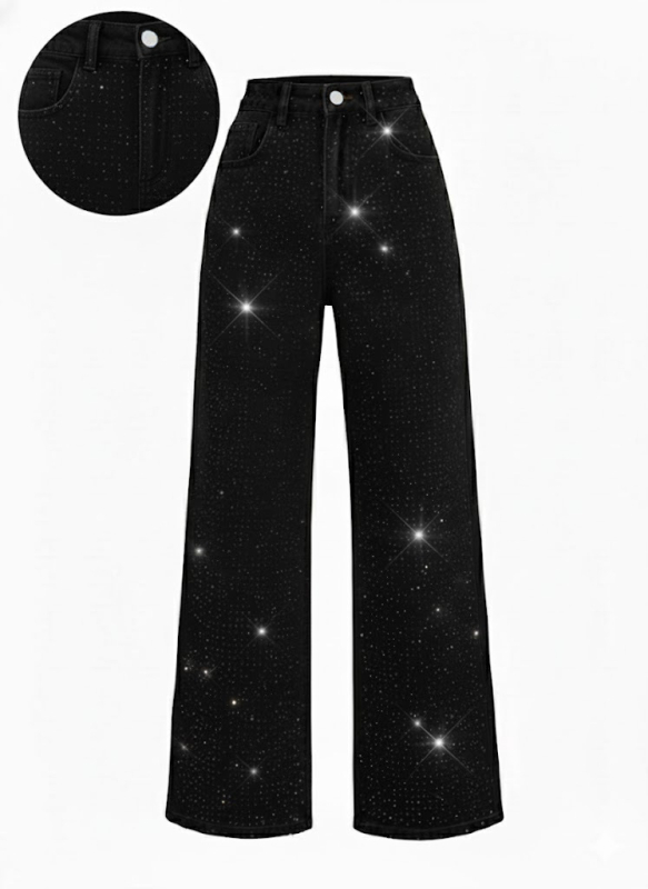 Traperice s rhinestone ukrasom, uska linija, pamuk-elastan-poliester mješavina, srednje visoki struk, japansko-korejski casual stil