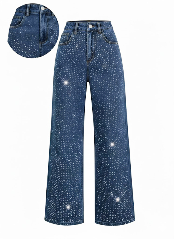 Traperice s rhinestone ukrasom, uska linija, pamuk-elastan-poliester mješavina, srednje visoki struk, japansko-korejski casual stil