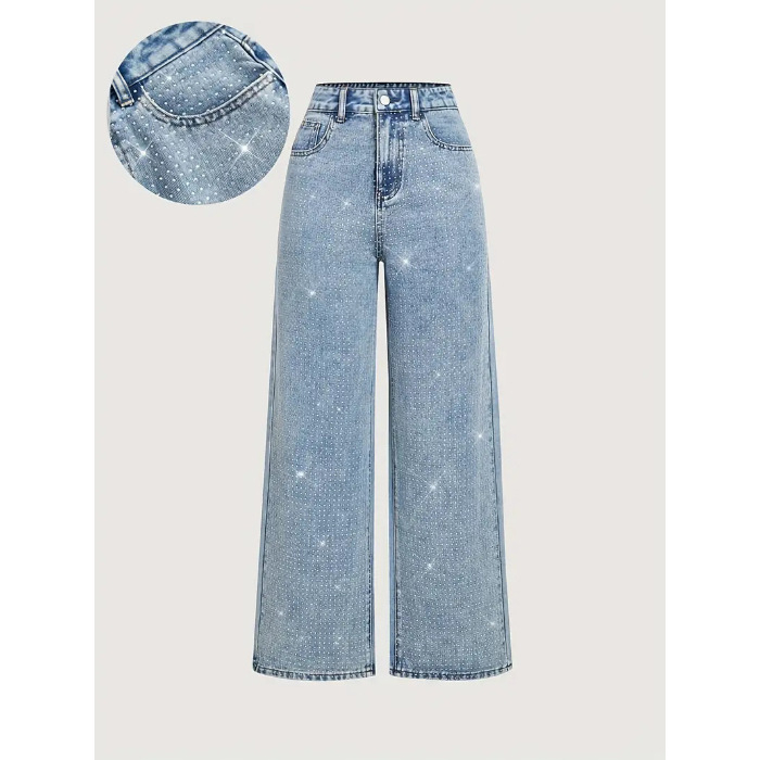 Traperice s rhinestone ukrasom, uska linija, pamuk-elastan-poliester mješavina, srednje visoki struk, japansko-korejski casual stil