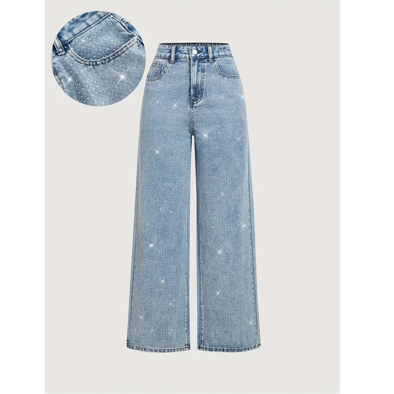 Traperice s rhinestone ukrasom, uska linija, pamuk-elastan-poliester mješavina, srednje visoki struk, japansko-korejski casual stil