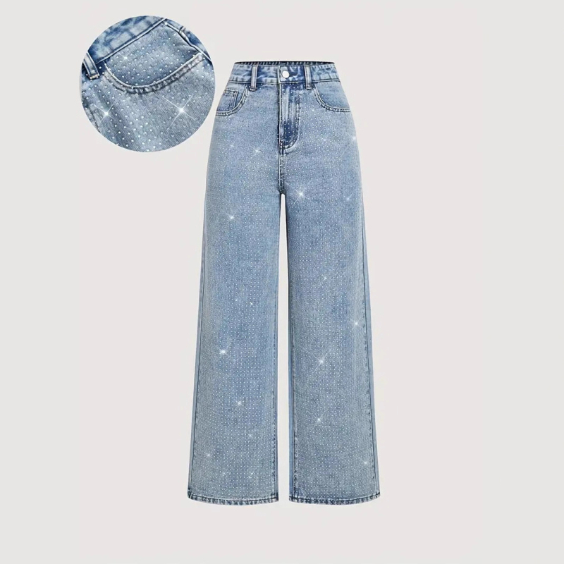 Traperice s rhinestone ukrasom, uska linija, pamuk-elastan-poliester mješavina, srednje visoki struk, japansko-korejski casual stil