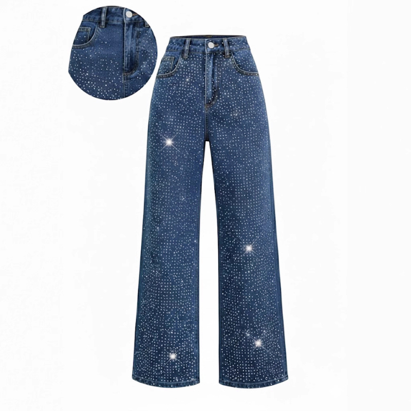 Traperice s rhinestone ukrasom, uska linija, pamuk-elastan-poliester mješavina, srednje visoki struk, japansko-korejski casual stil