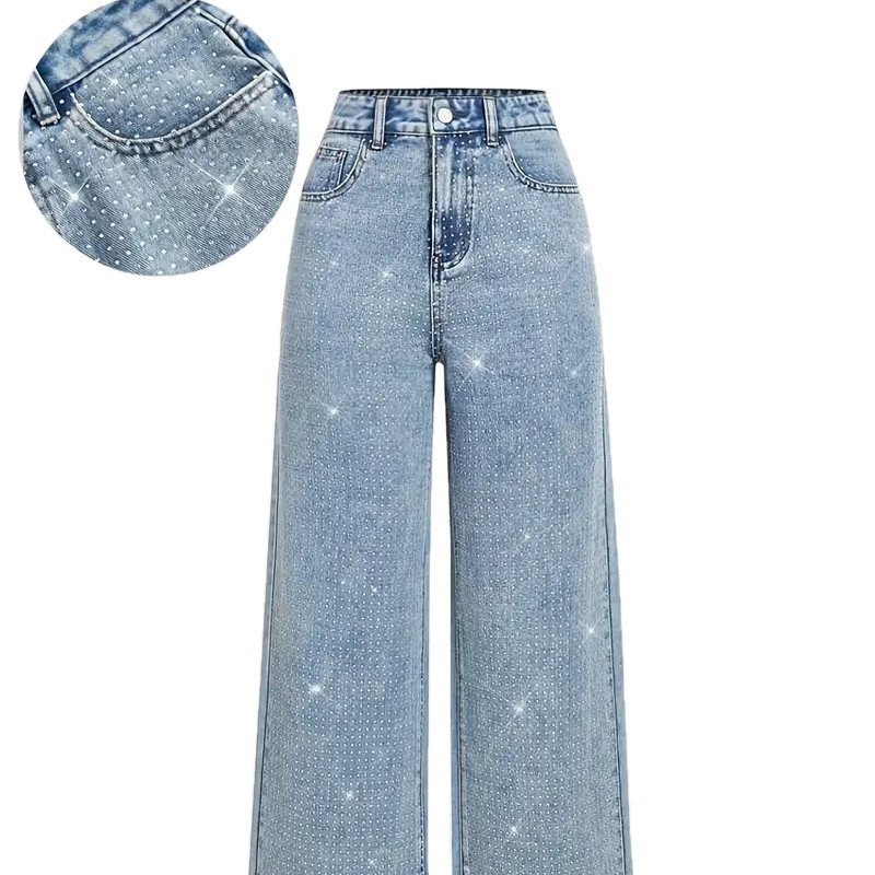 Traperice s rhinestone ukrasom, uska linija, pamuk-elastan-poliester mješavina, srednje visoki struk, japansko-korejski casual stil