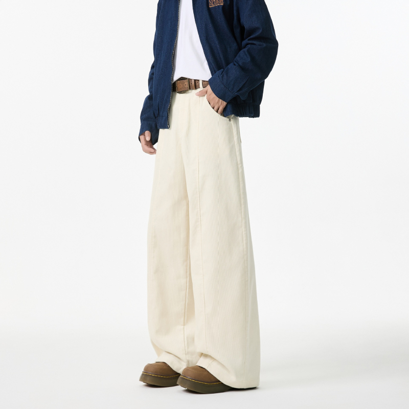 Muške casual hlače – japanski retro stil, ravni kroj, srednji pojas, jednobojne, elastičan poliester materijal s ukrasnim džepovima
