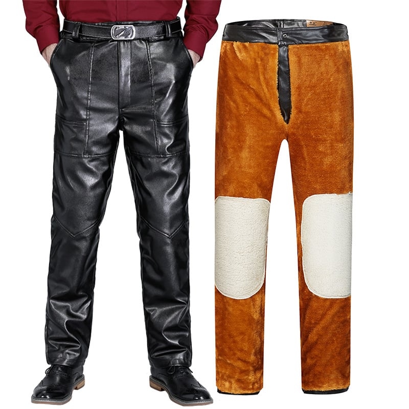 Pantaloni bărbați din piele artificială, iarnă, talie medie, croială lejeră, fermoar