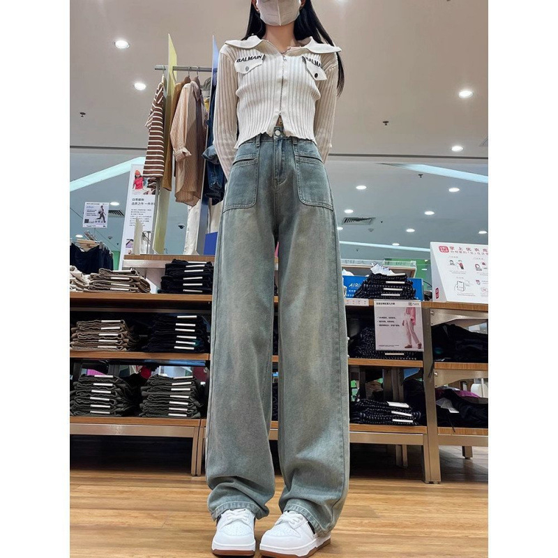 Pantaloni jeansi din denim, micro-elastici, talie lejeră, croială lejeră, pentru iarna 2024