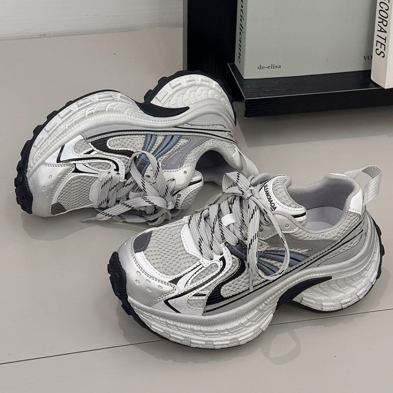 Ženske cipele tipa dad shoes s debelim potplatom, model color-block, peta 6–8 cm, PVC potplat, na vezanje, niski profil