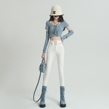 Ženske traperice pencil s visokim strukom, duge, denim, 80–90% pamuka, elastan, japansko-korejski casual stil